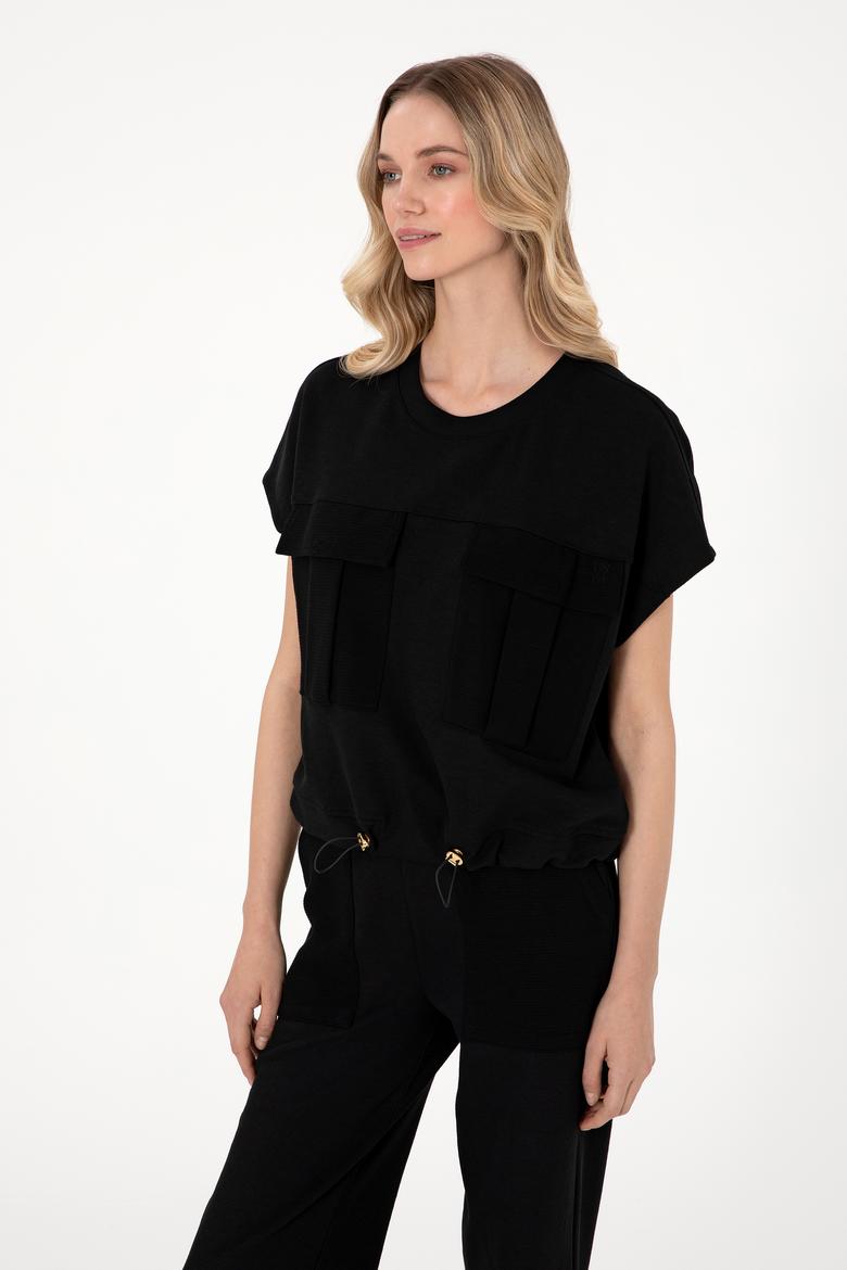 Kadın Siyah Bisiklet Yaka Tişört - 50300778019