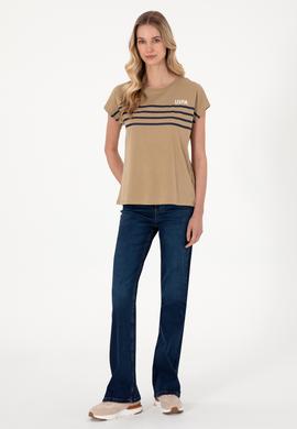 Kadın Haki Bisiklet Yaka Tişört - 50305823017