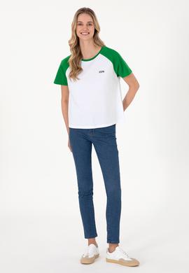 Kadın Yeşil Bisiklet Yaka Tişört - 50305771020