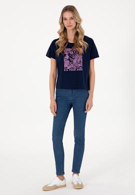 Kadın Lacivert Desenli Bisiklet Yaka Tişört - 50305843022