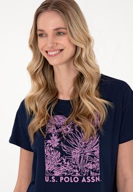 Kadın Lacivert Desenli Bisiklet Yaka Tişört - 50305843022