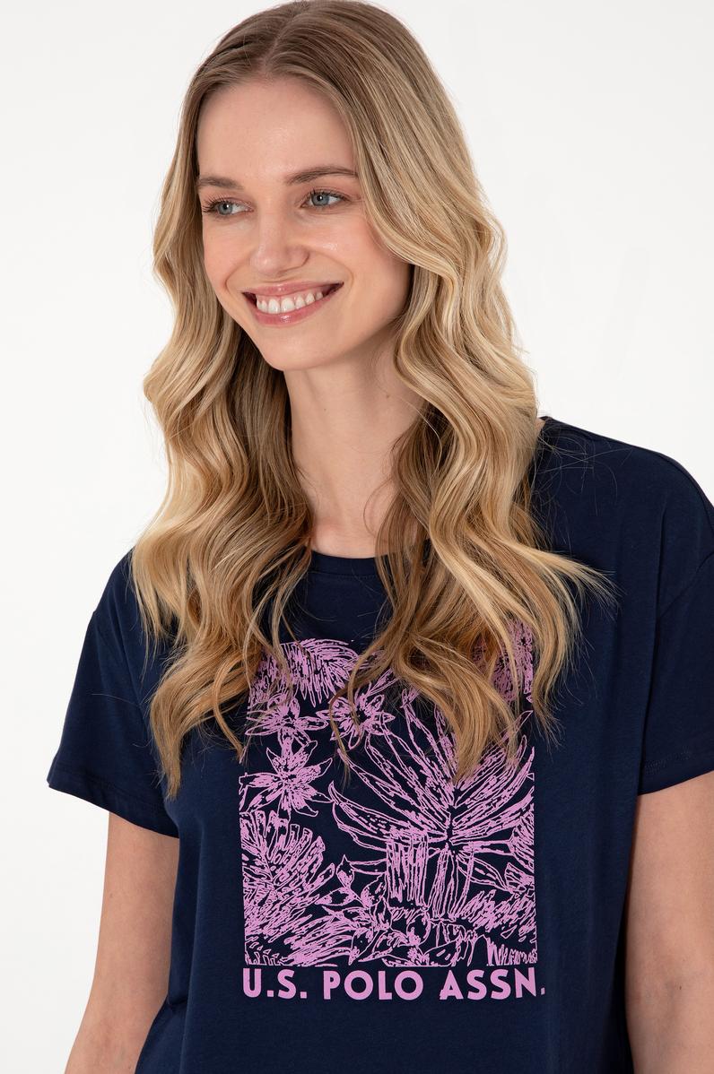 Kadın Lacivert Desenli Bisiklet Yaka Tişört