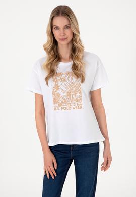 Kadın Beyaz Desenli Bisiklet Yaka Tişört - 50305843004