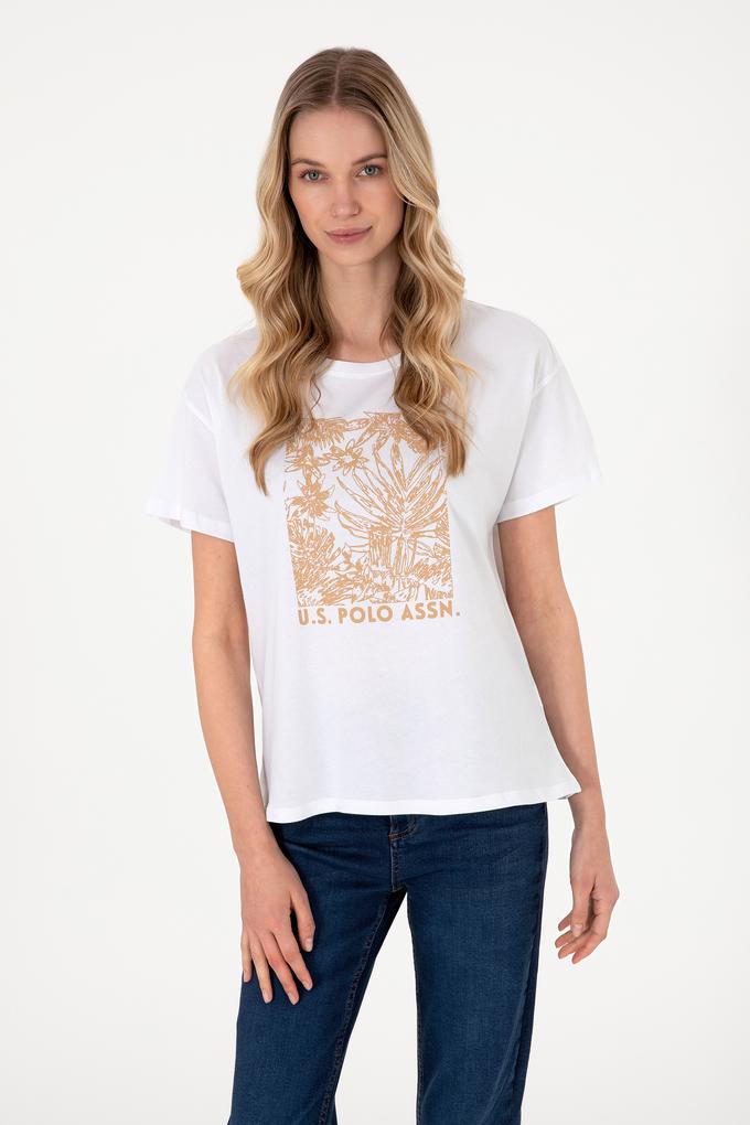 Kadın Beyaz Desenli Bisiklet Yaka Tişört