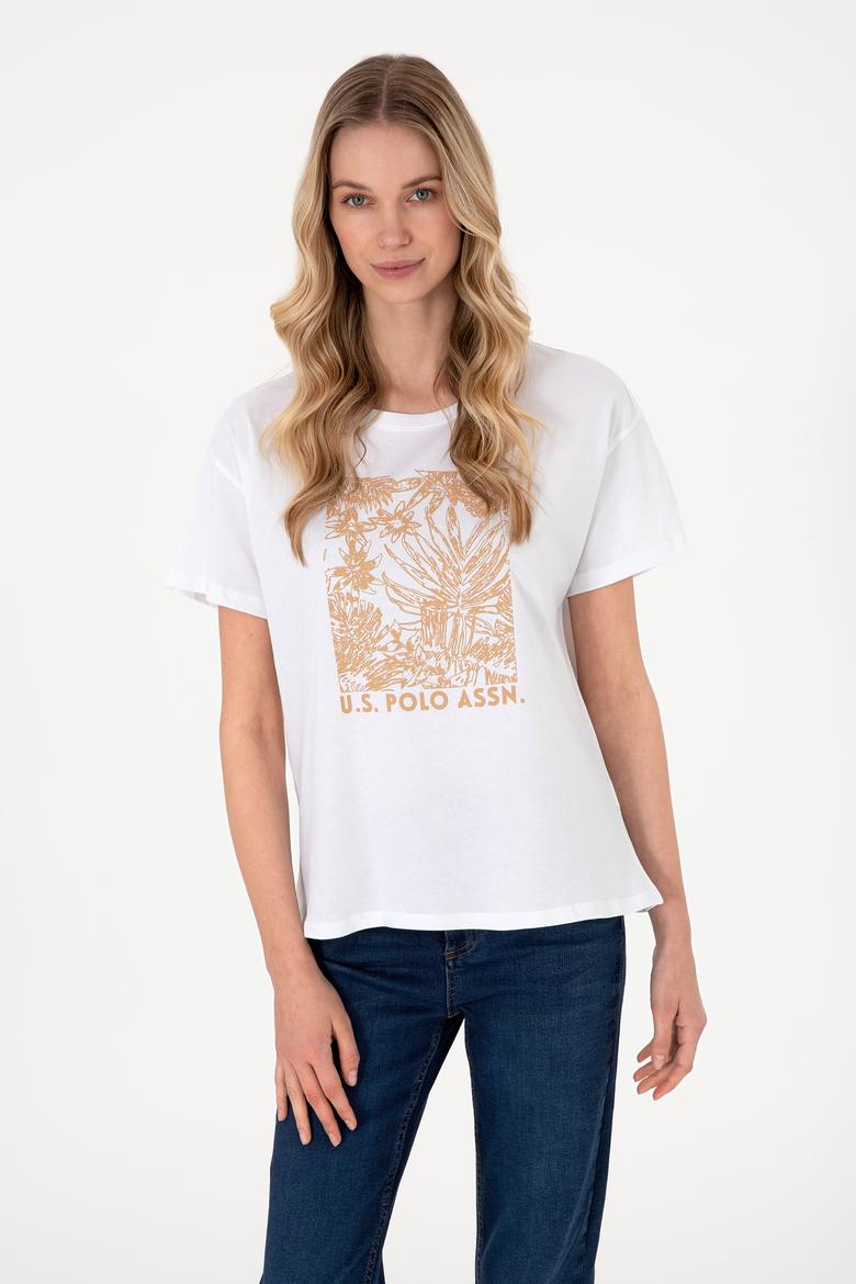 Kadın Beyaz Desenli Bisiklet Yaka Tişört