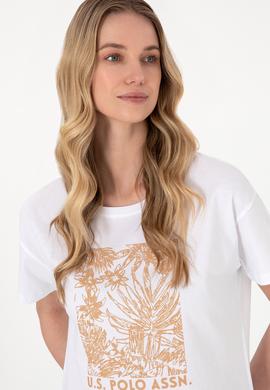 Kadın Beyaz Desenli Bisiklet Yaka Tişört - 50305843004