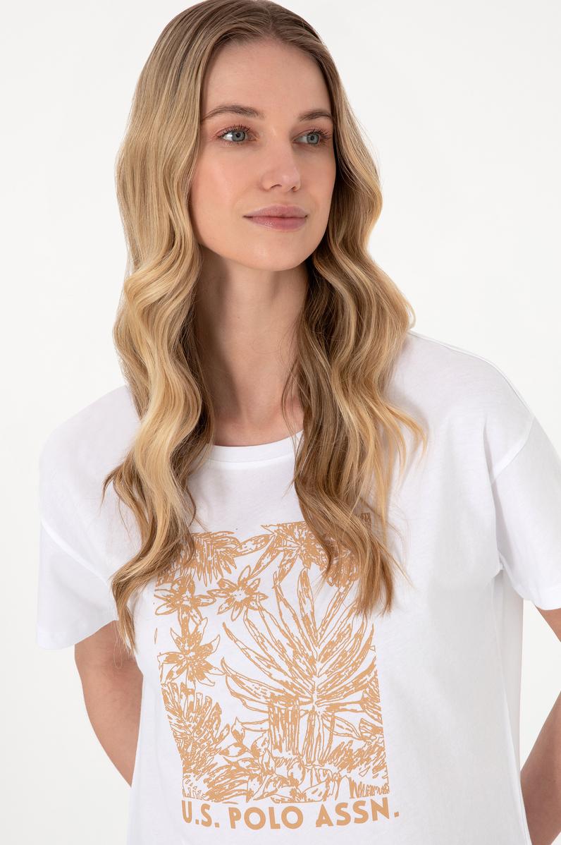 Kadın Beyaz Desenli Bisiklet Yaka Tişört