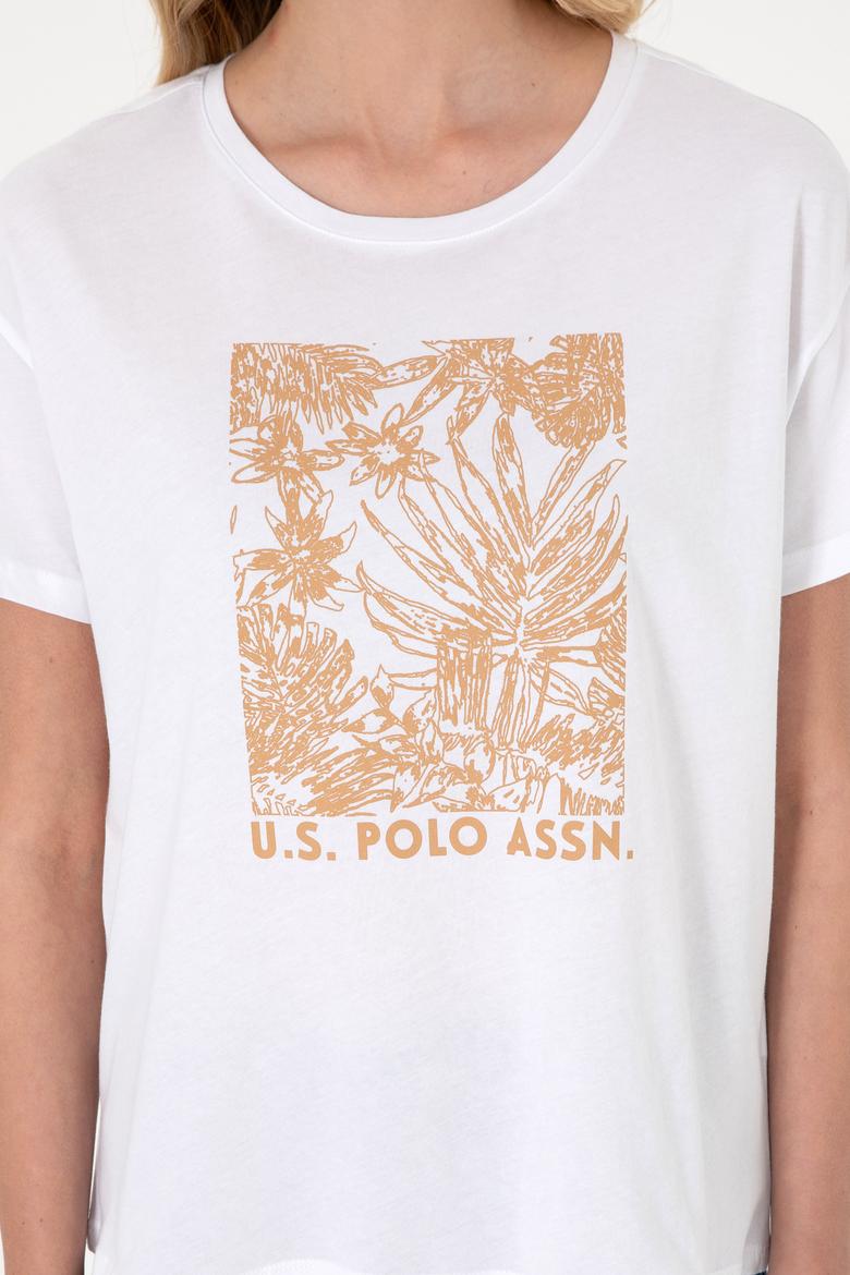 Kadın Beyaz Desenli Bisiklet Yaka Tişört - 50305843004