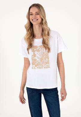 Kadın Beyaz Desenli Bisiklet Yaka Tişört - 50305843004