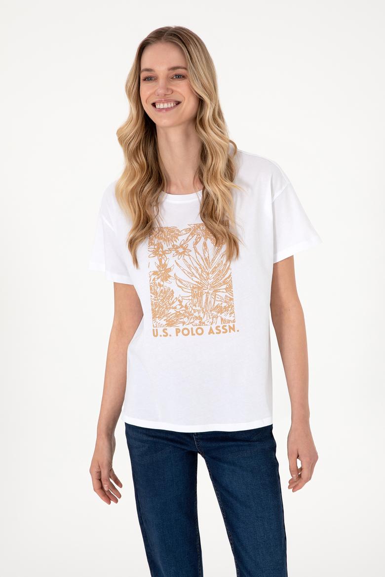 Kadın Beyaz Desenli Bisiklet Yaka Tişört - 50305843004