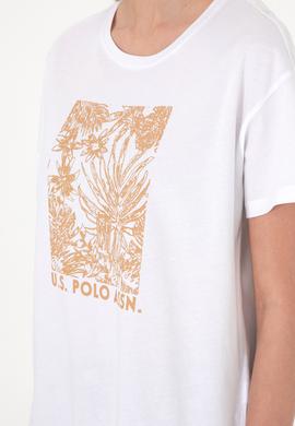 Kadın Beyaz Desenli Bisiklet Yaka Tişört - 50305843004