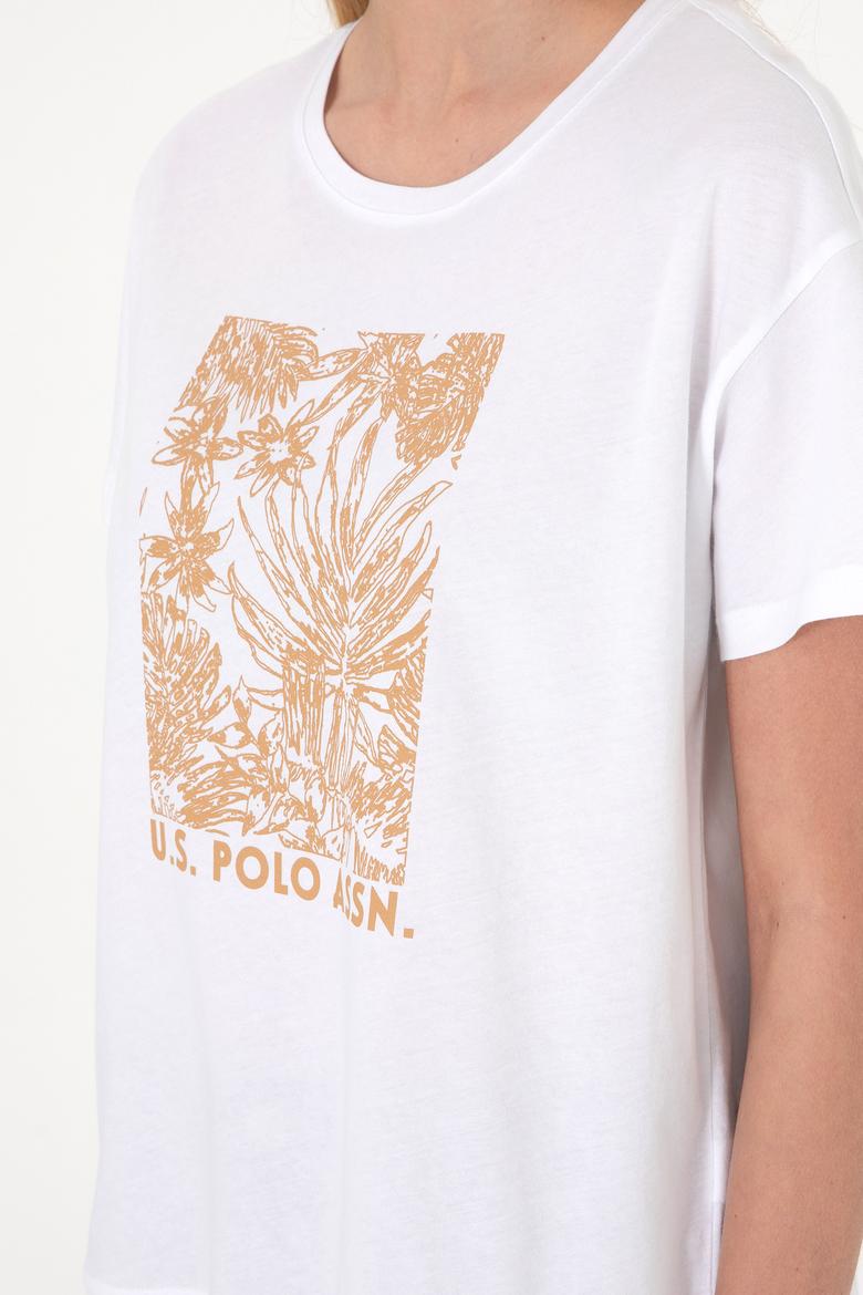 Kadın Beyaz Desenli Bisiklet Yaka Tişört - 50305843004