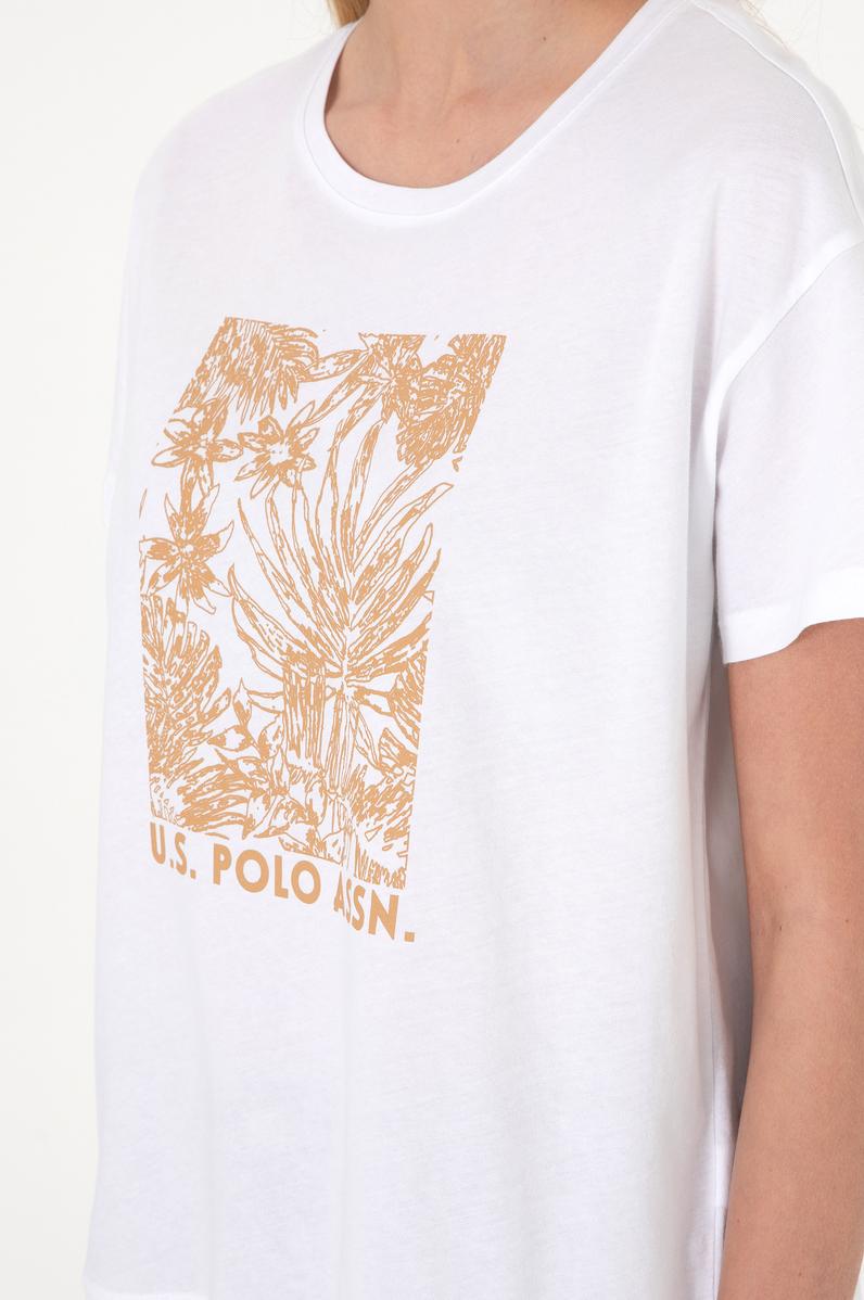 Kadın Beyaz Desenli Bisiklet Yaka Tişört