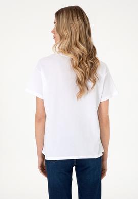 Kadın Beyaz Desenli Bisiklet Yaka Tişört - 50305843004