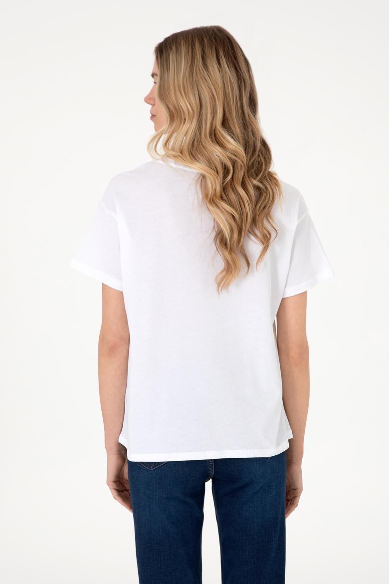 Kadın Beyaz Desenli Bisiklet Yaka Tişört - 50305843004