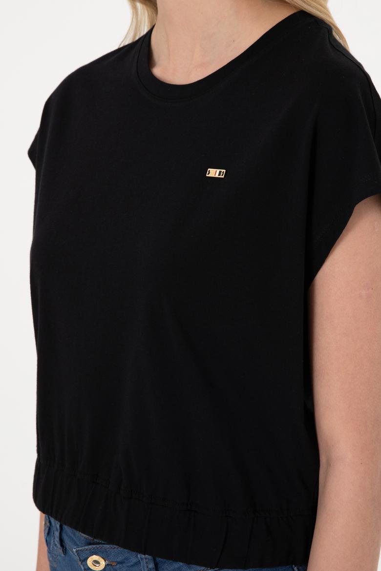 Kadın Siyah Bisiklet Yaka Tişört - 50305720037