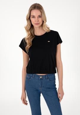 Kadın Siyah Bisiklet Yaka Tişört - 50305720037