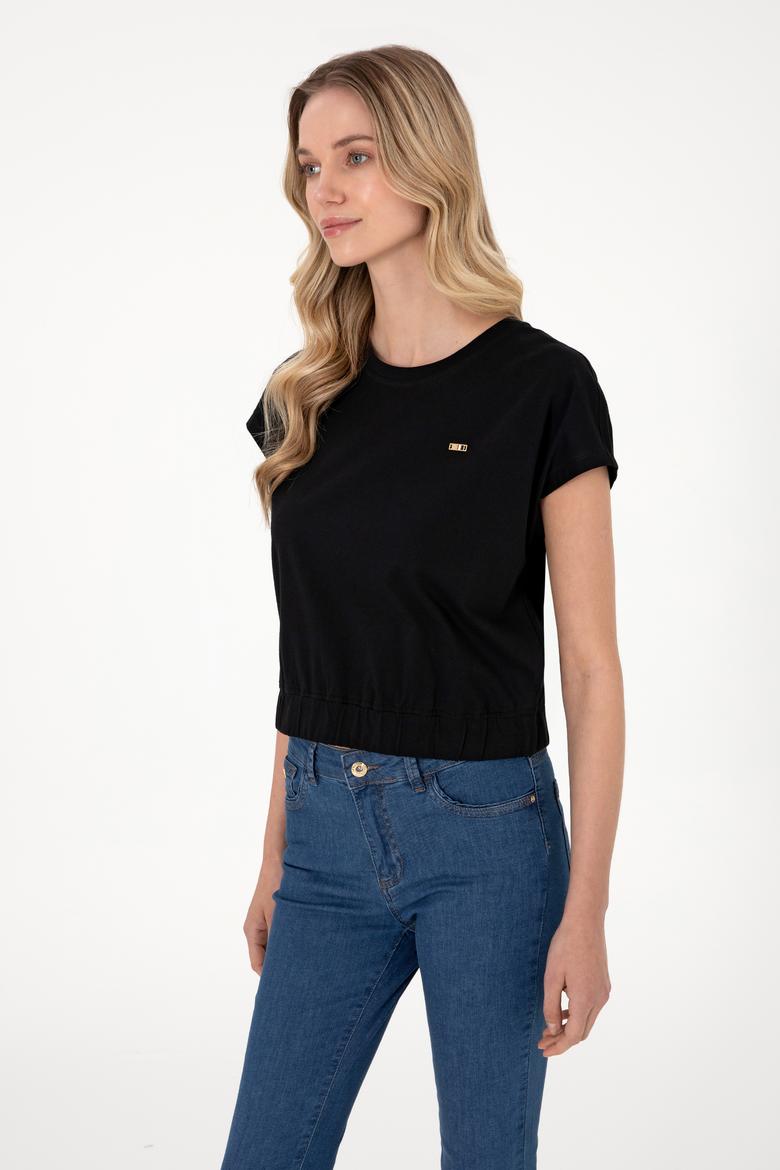 Kadın Siyah Bisiklet Yaka Tişört - 50305720037