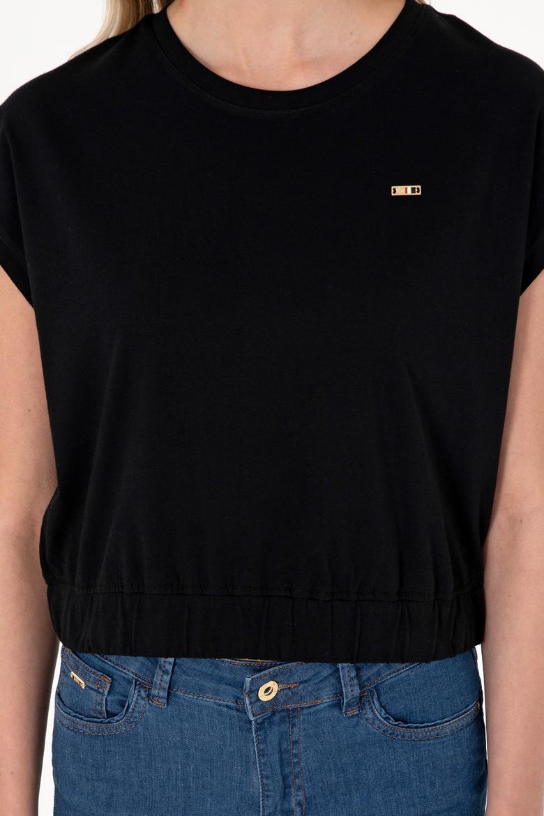 Kadın Siyah Bisiklet Yaka Tişört - 50305720037