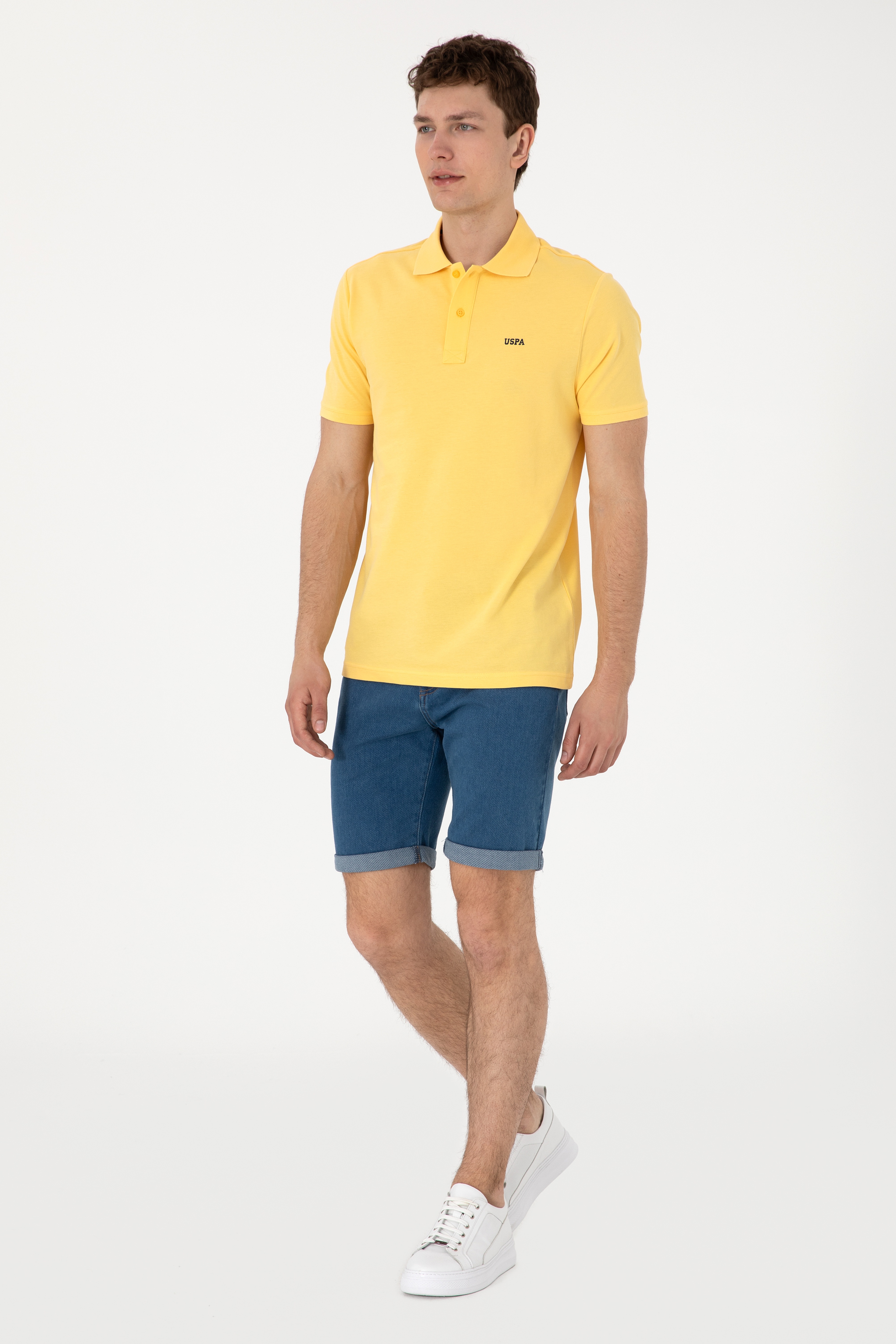 Erkek Regular Fit Polo Yaka Sarı Basic Tişört