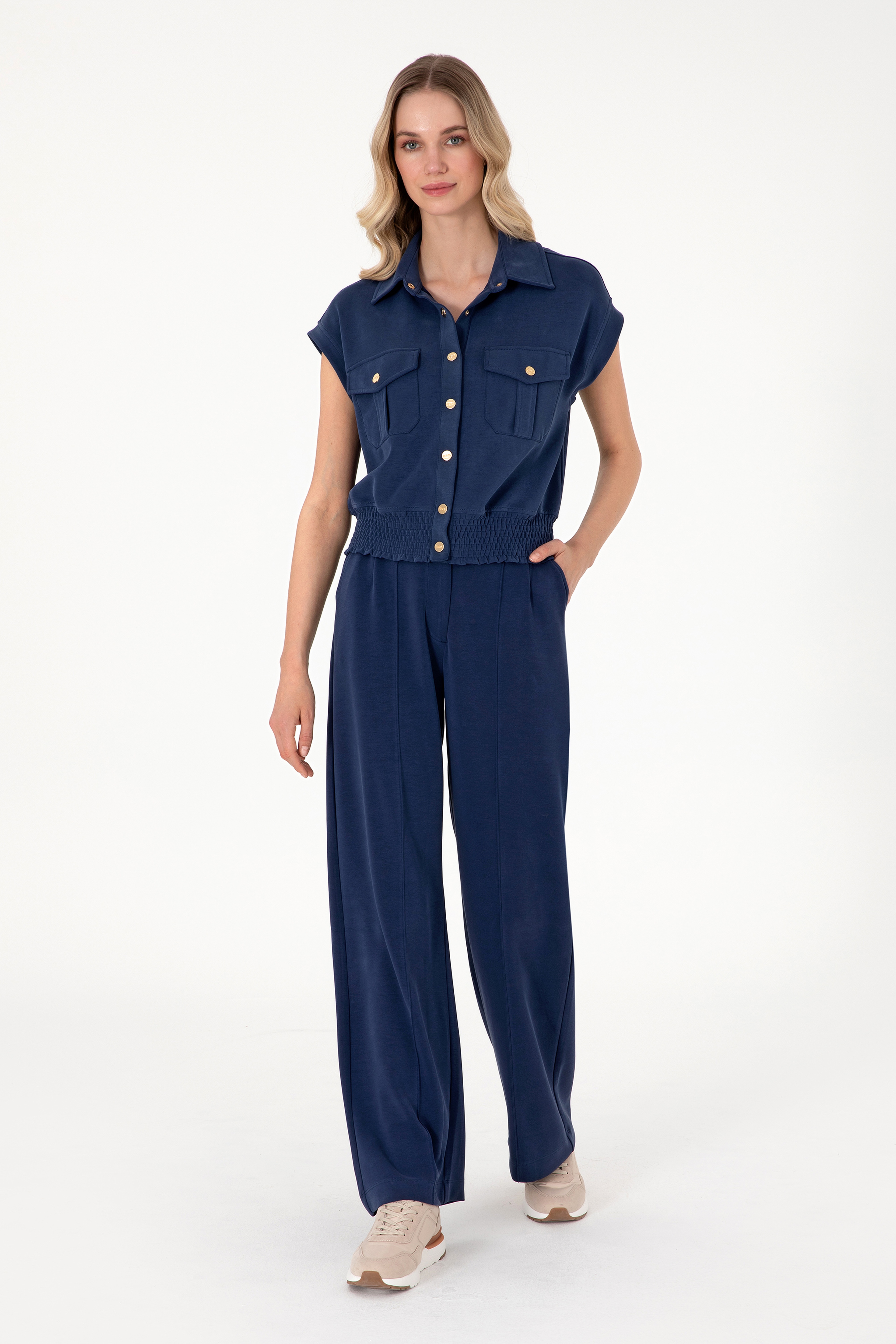 Kadın Lacivert Modal Karışımlı Loose Fit Örme Pantolon - Image 1