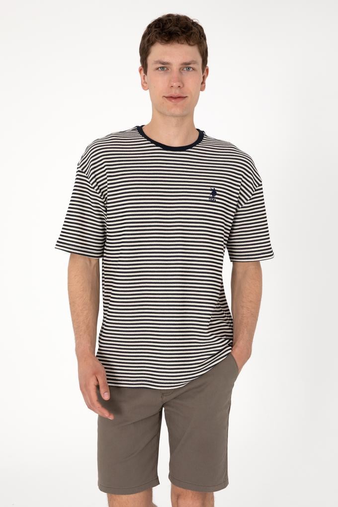 Erkek Comfort Fit Bisiklet Yaka Lacivert Örgü Desenli Tişört