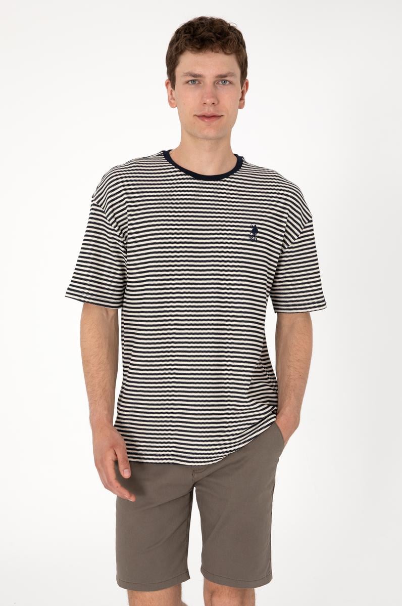 Erkek Comfort Fit Bisiklet Yaka Lacivert Örgü Desenli Tişört