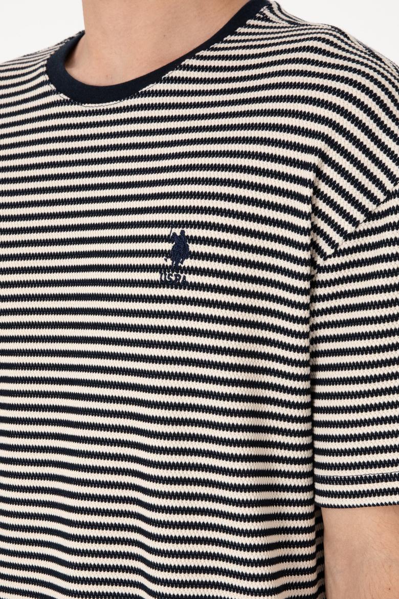 Erkek Comfort Fit Bisiklet Yaka Lacivert Örgü Desenli Tişört - 50300153017