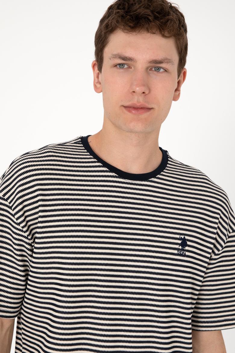 Erkek Comfort Fit Bisiklet Yaka Lacivert Örgü Desenli Tişört - 50300153017