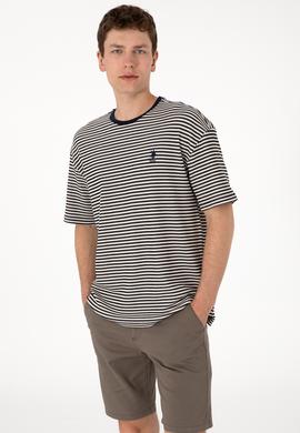 Erkek Comfort Fit Bisiklet Yaka Lacivert Örgü Desenli Tişört - 50300153017