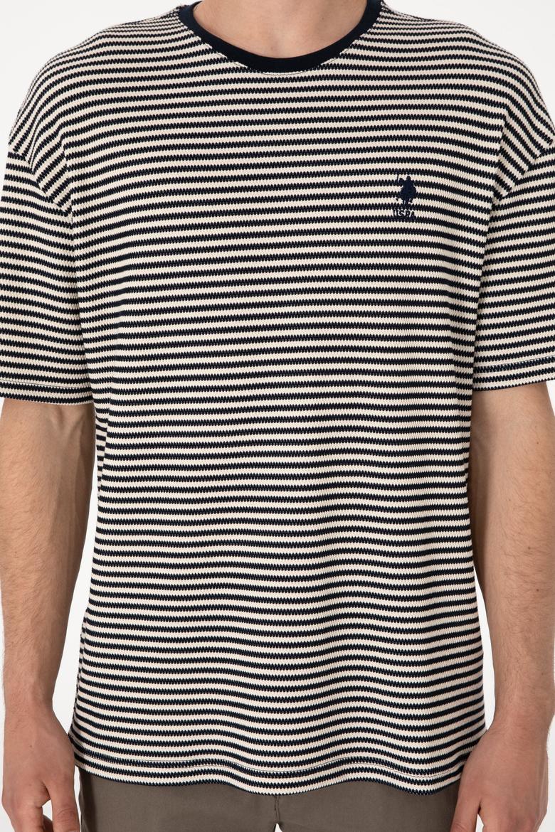 Erkek Comfort Fit Bisiklet Yaka Lacivert Örgü Desenli Tişört - 50300153017