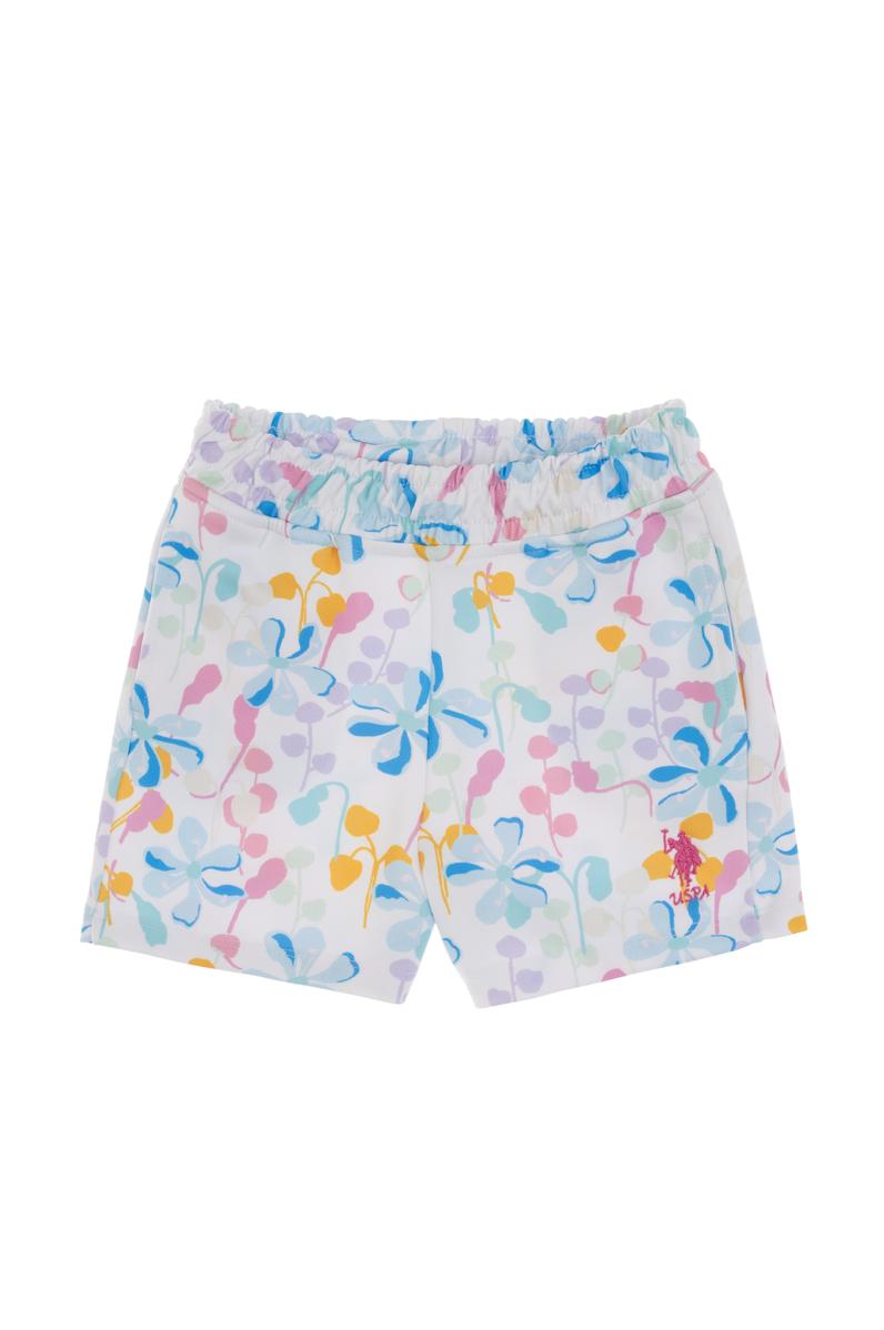 Kız Çocuk Beyaz Çiçek Desenli Relax Fit Örme Şort