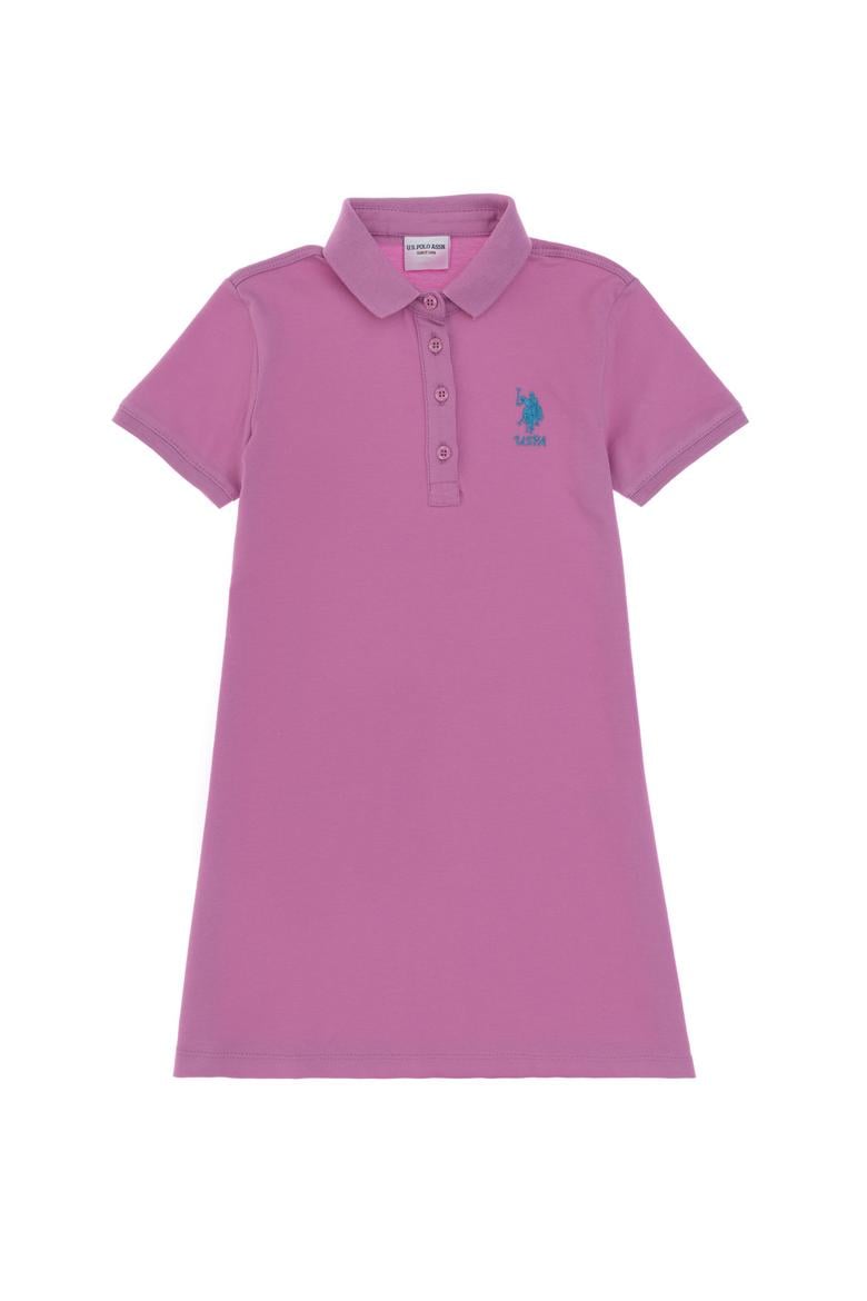 Kız Çocuk Fuşya Polo Yaka Kısa Kol A-Form Basic Örme Elbise