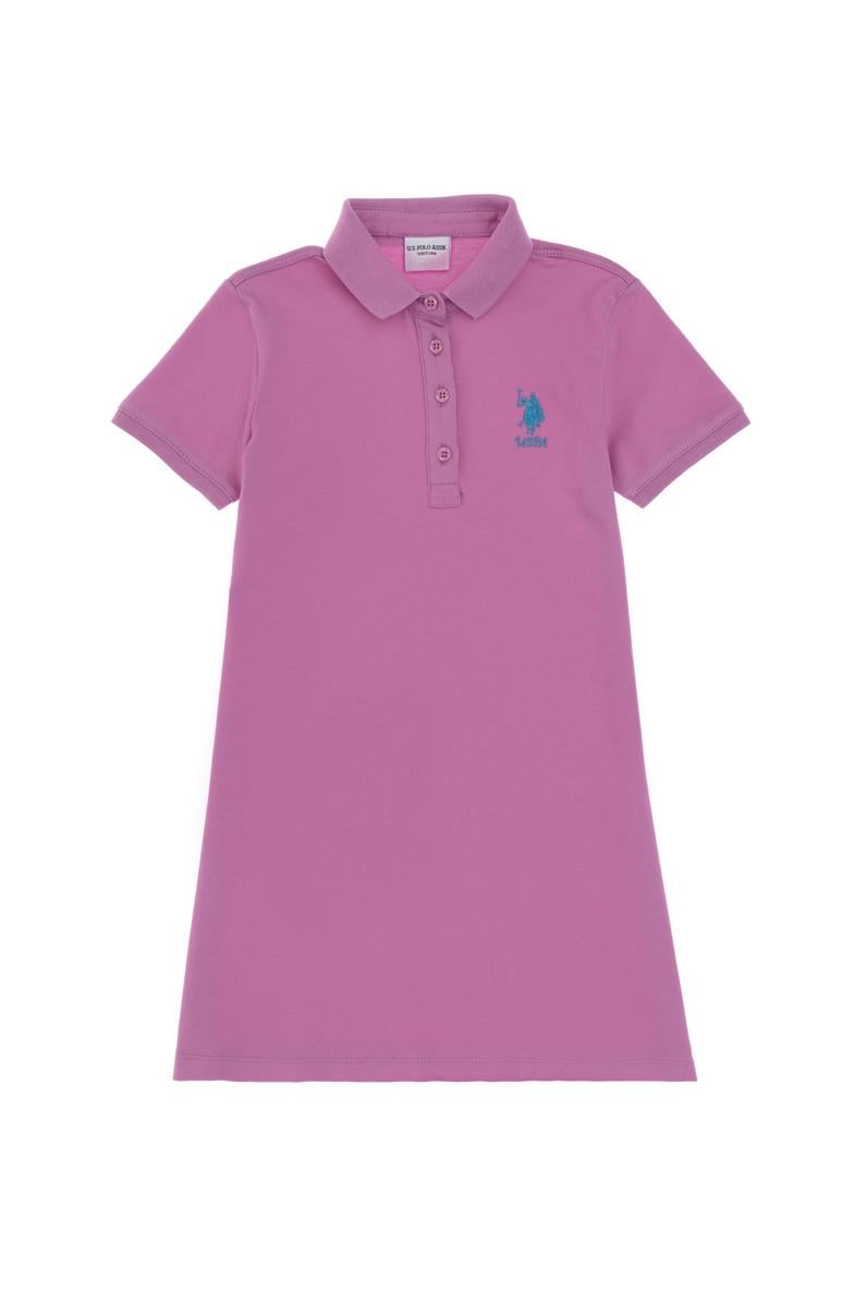 Kız Çocuk Fuşya Polo Yaka Kısa Kol A-Form Basic Örme Elbise
