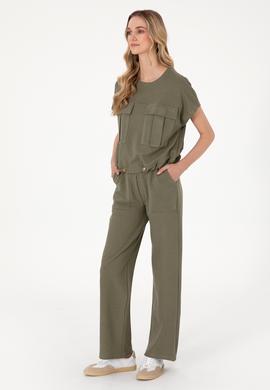 Kadın Koyu Haki Bisiklet Yaka Tişört - 50300778013