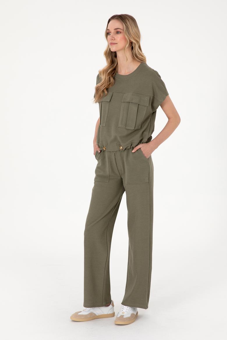 Kadın Koyu Haki Bisiklet Yaka Tişört - 50300778013