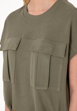 Kadın Koyu Haki Bisiklet Yaka Tişört - 50300778013