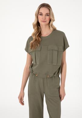 Kadın Koyu Haki Bisiklet Yaka Tişört - 50300778013