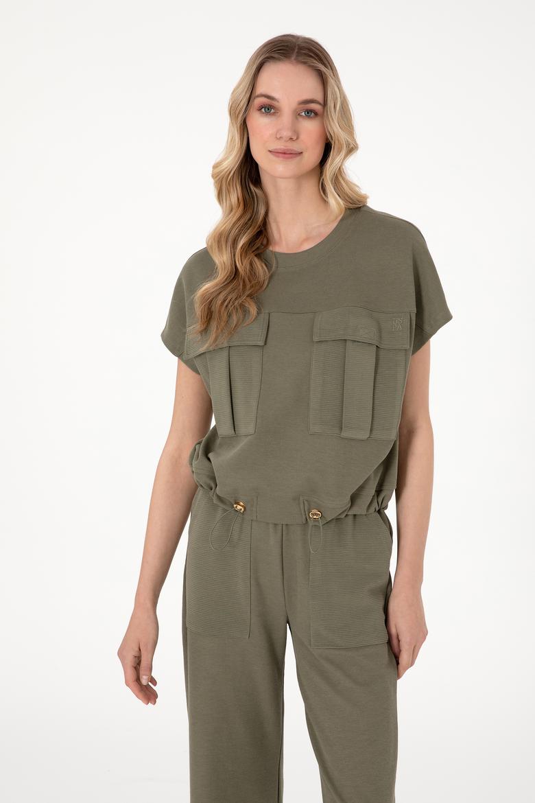 Kadın Koyu Haki Bisiklet Yaka Tişört - 50300778013