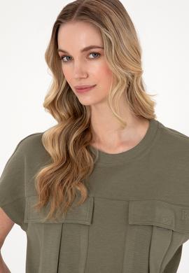 Kadın Koyu Haki Bisiklet Yaka Tişört - 50300778013