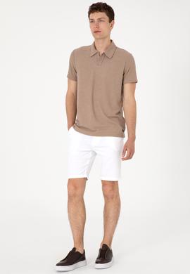 Erkek Regular Fit Kaçık Yaka Camel Dokulu Tişört - 50303227009