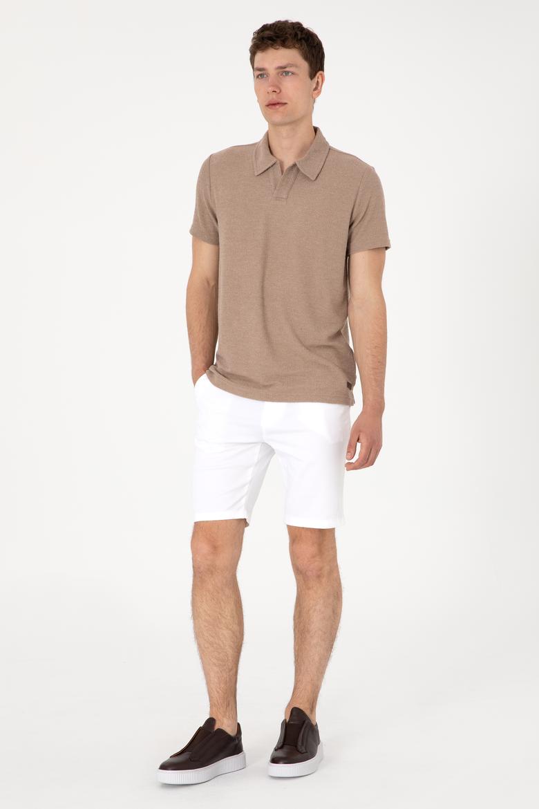 Erkek Regular Fit Kaçık Yaka Camel Dokulu Tişört - 50303227009