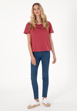 Kadın Vişne Bisiklet Yaka Tişört - 50305824057