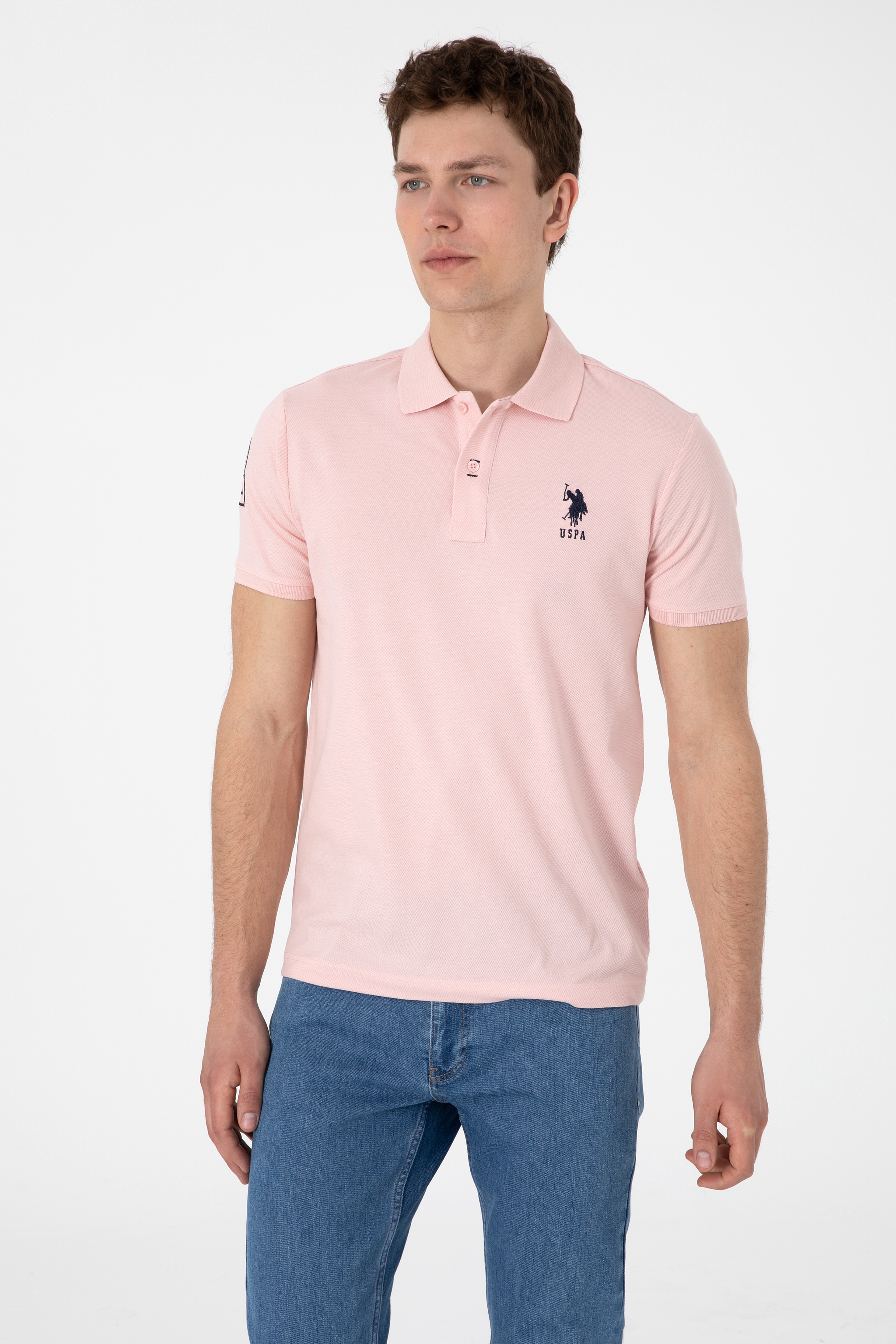 Erkek Slim Fit Polo Yaka Pudra Basic Tişört - Image 3