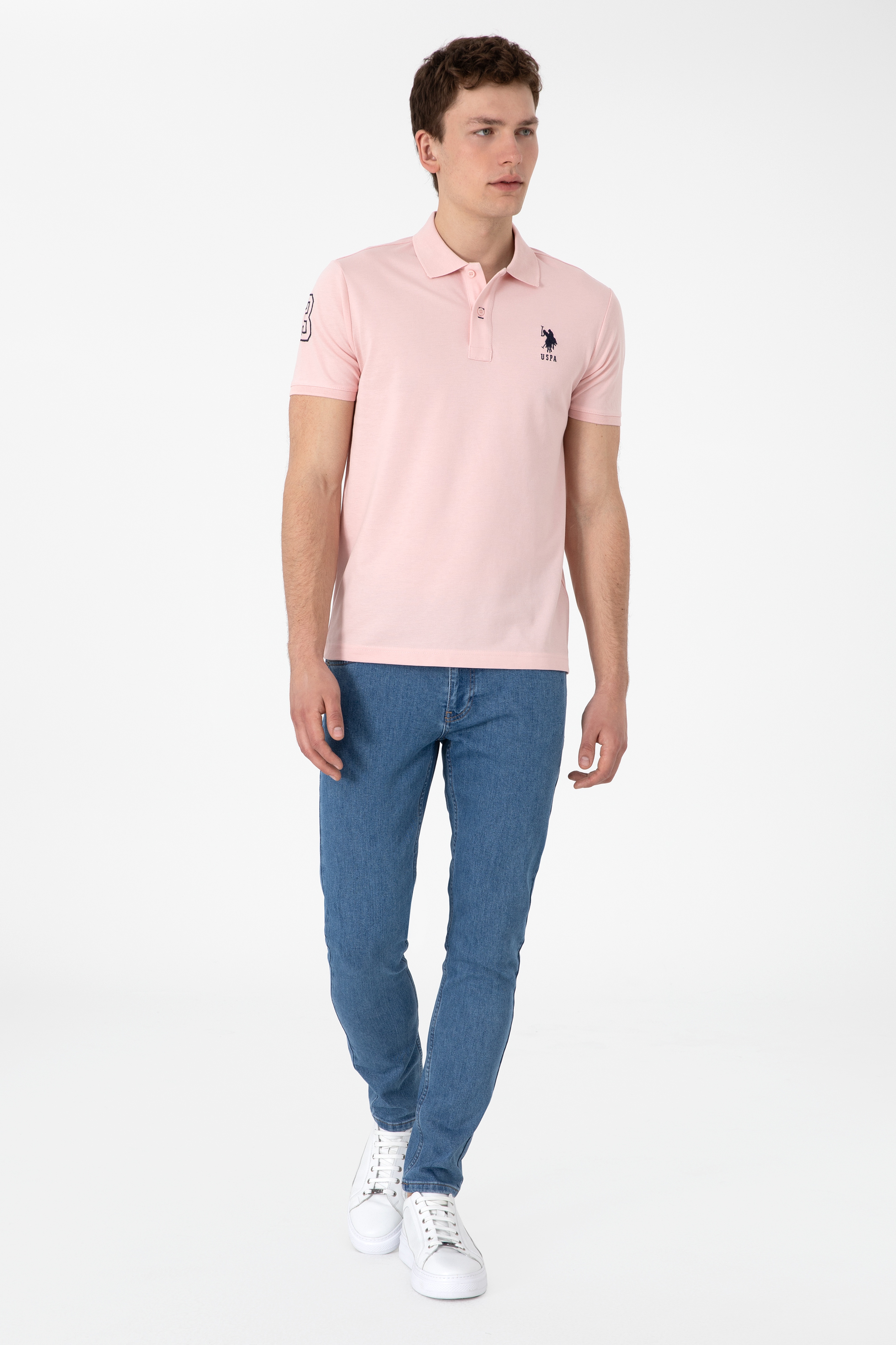 Erkek Slim Fit Polo Yaka Pudra Basic Tişört