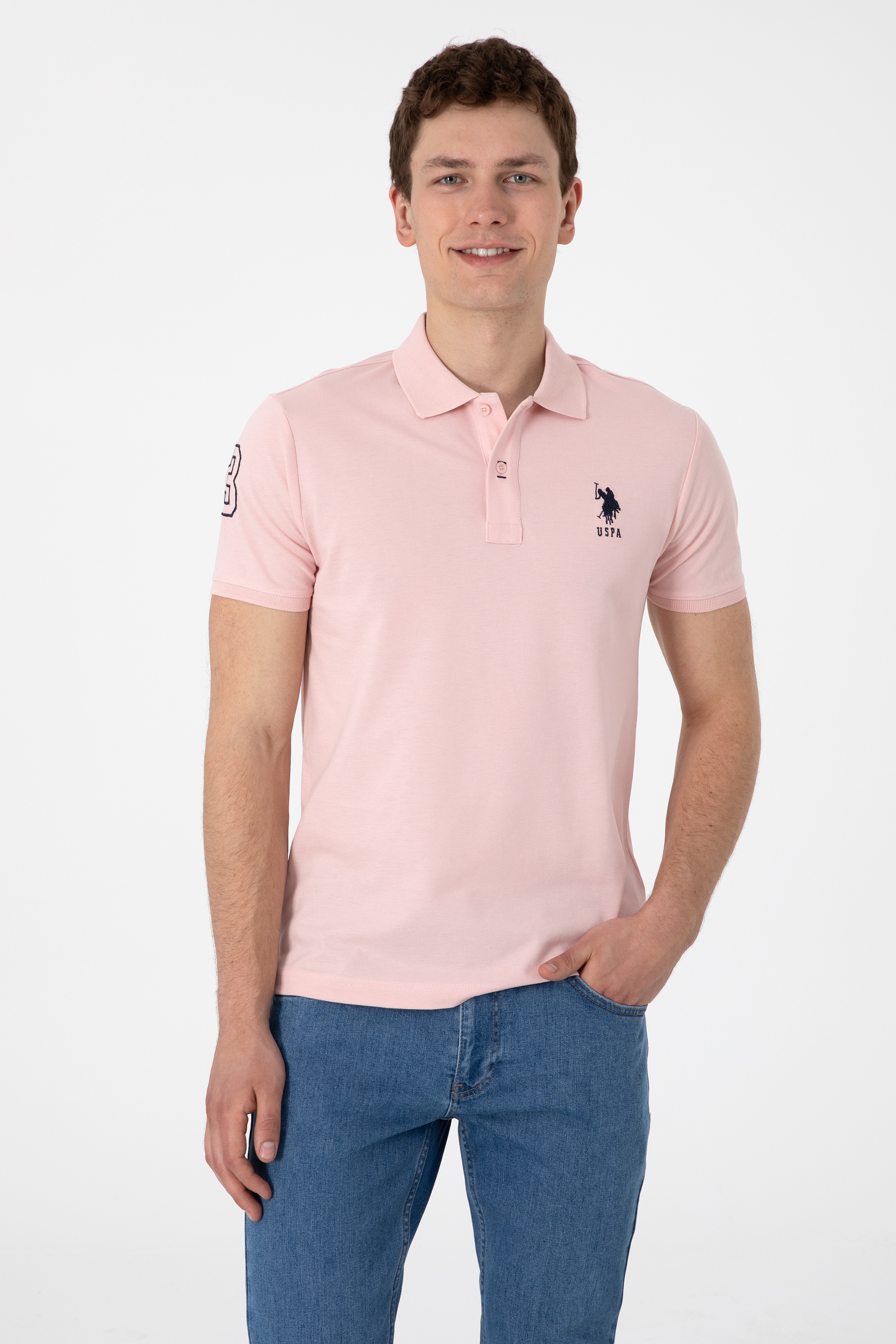 Erkek Slim Fit Polo Yaka Pudra Basic Tişört - Image 1