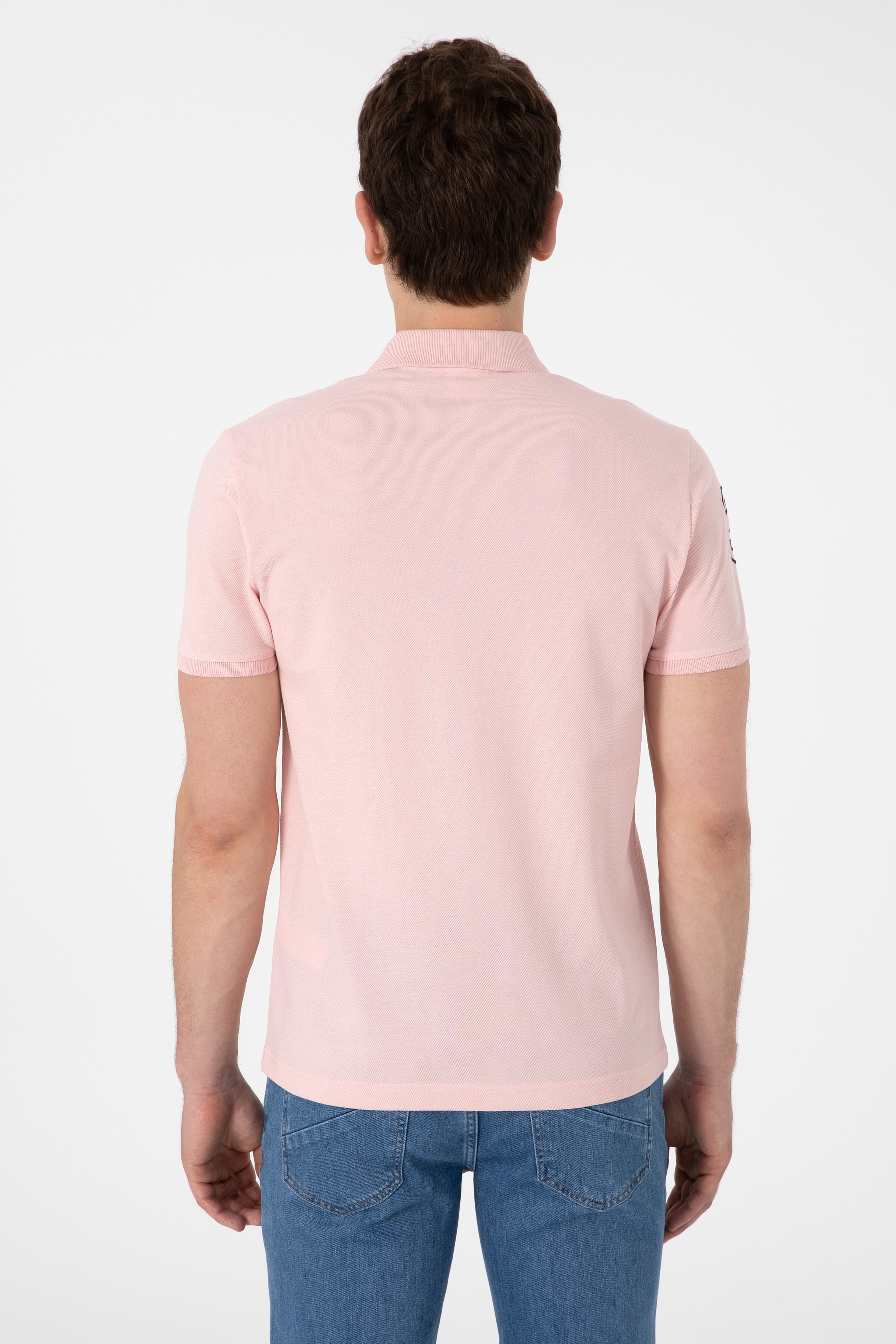 Erkek Slim Fit Polo Yaka Pudra Basic Tişört - Image 5