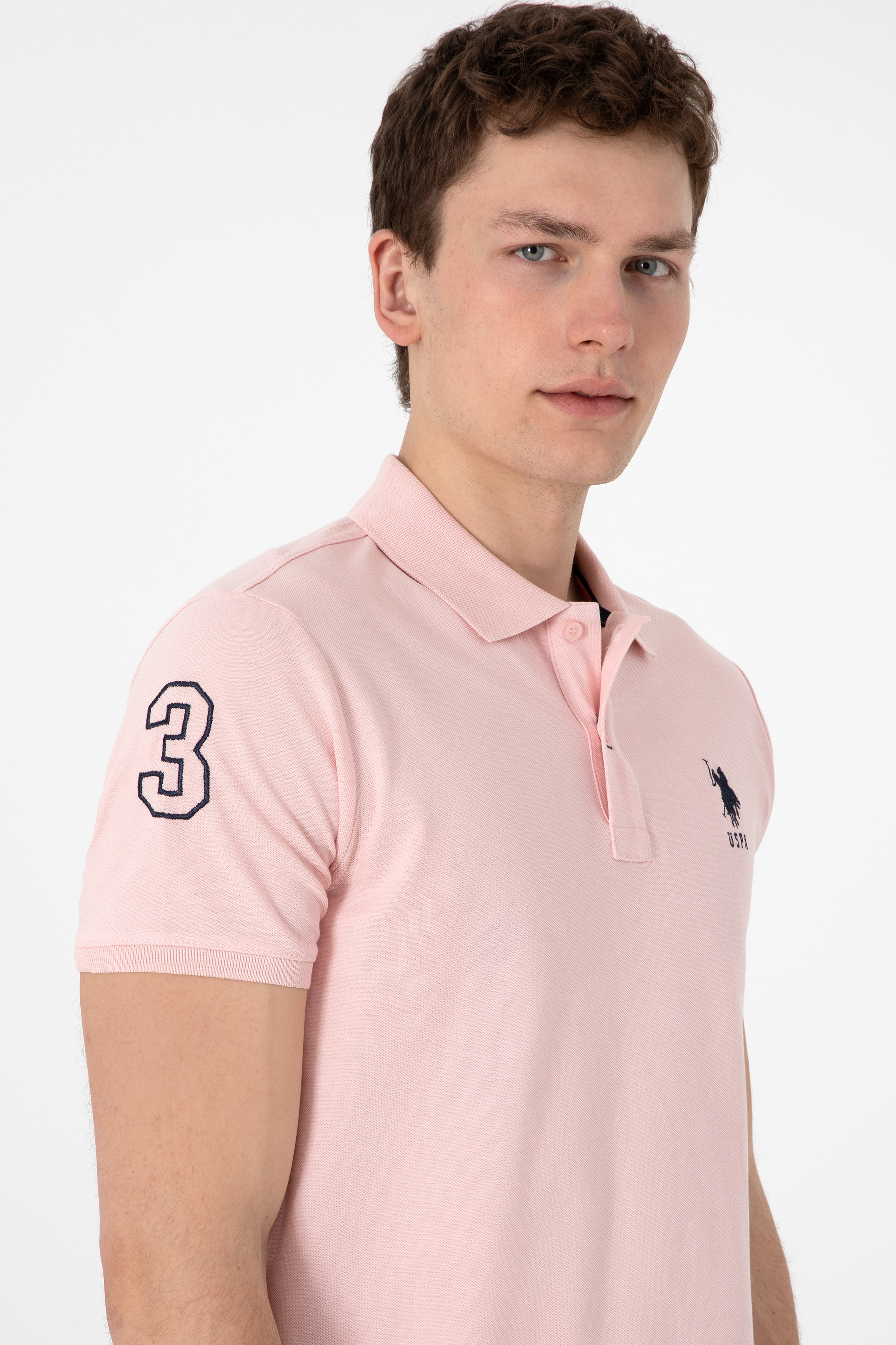 Erkek Slim Fit Polo Yaka Pudra Basic Tişört - Image 2