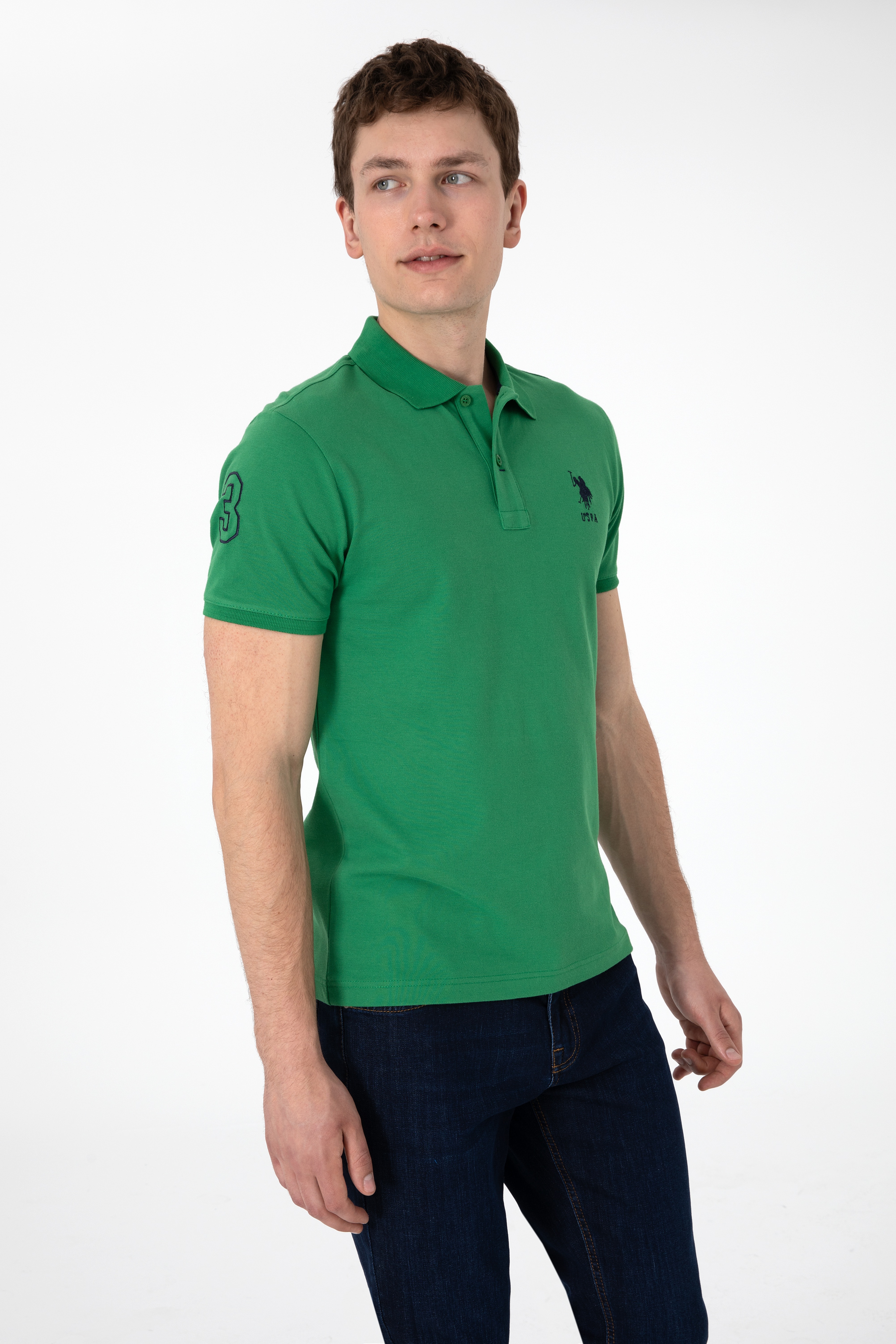 Erkek Slim Fit Polo Yaka Yeşil Basic Tişört