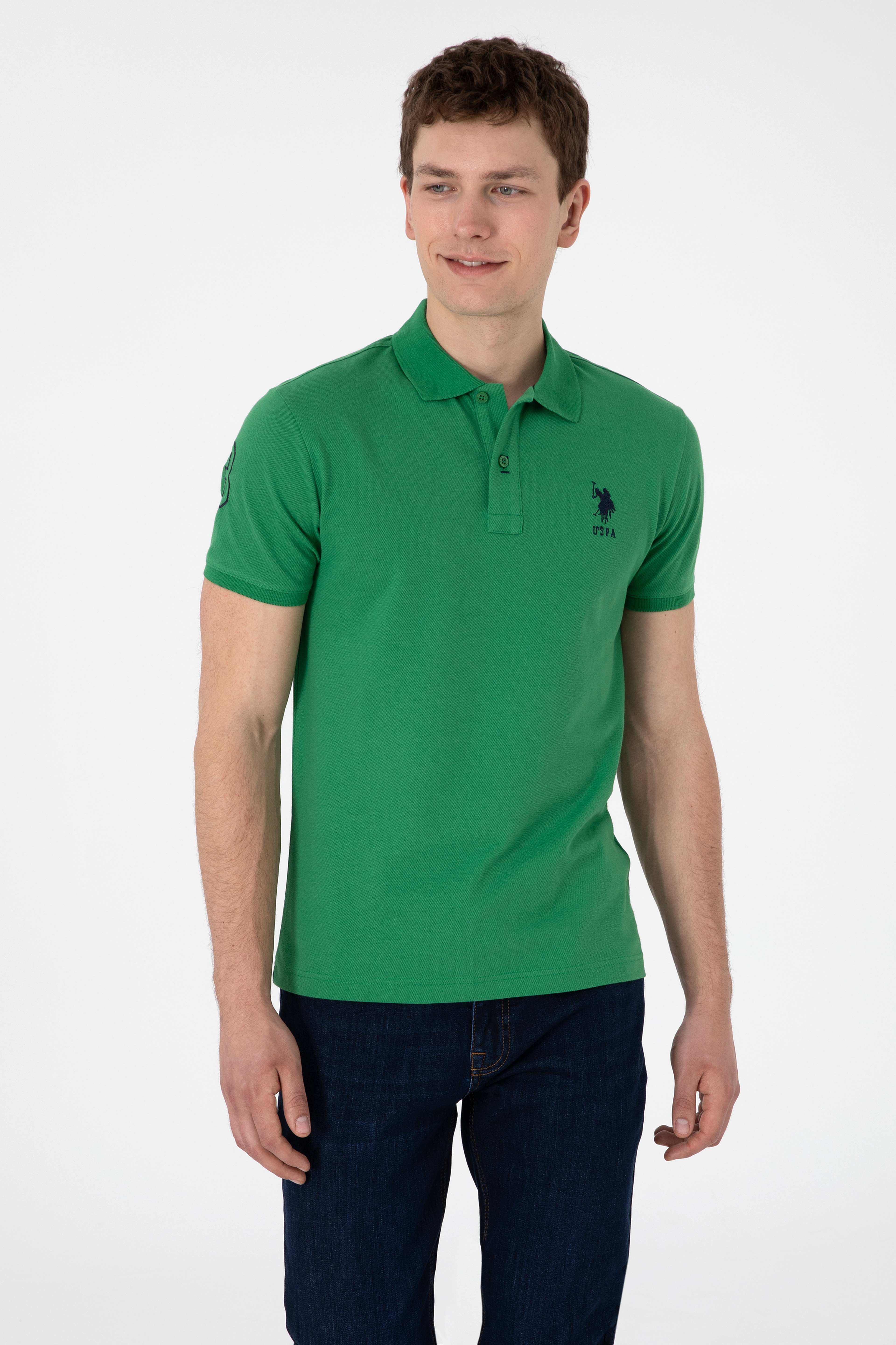 Erkek Slim Fit Polo Yaka Yeşil Basic Tişört - Image 1